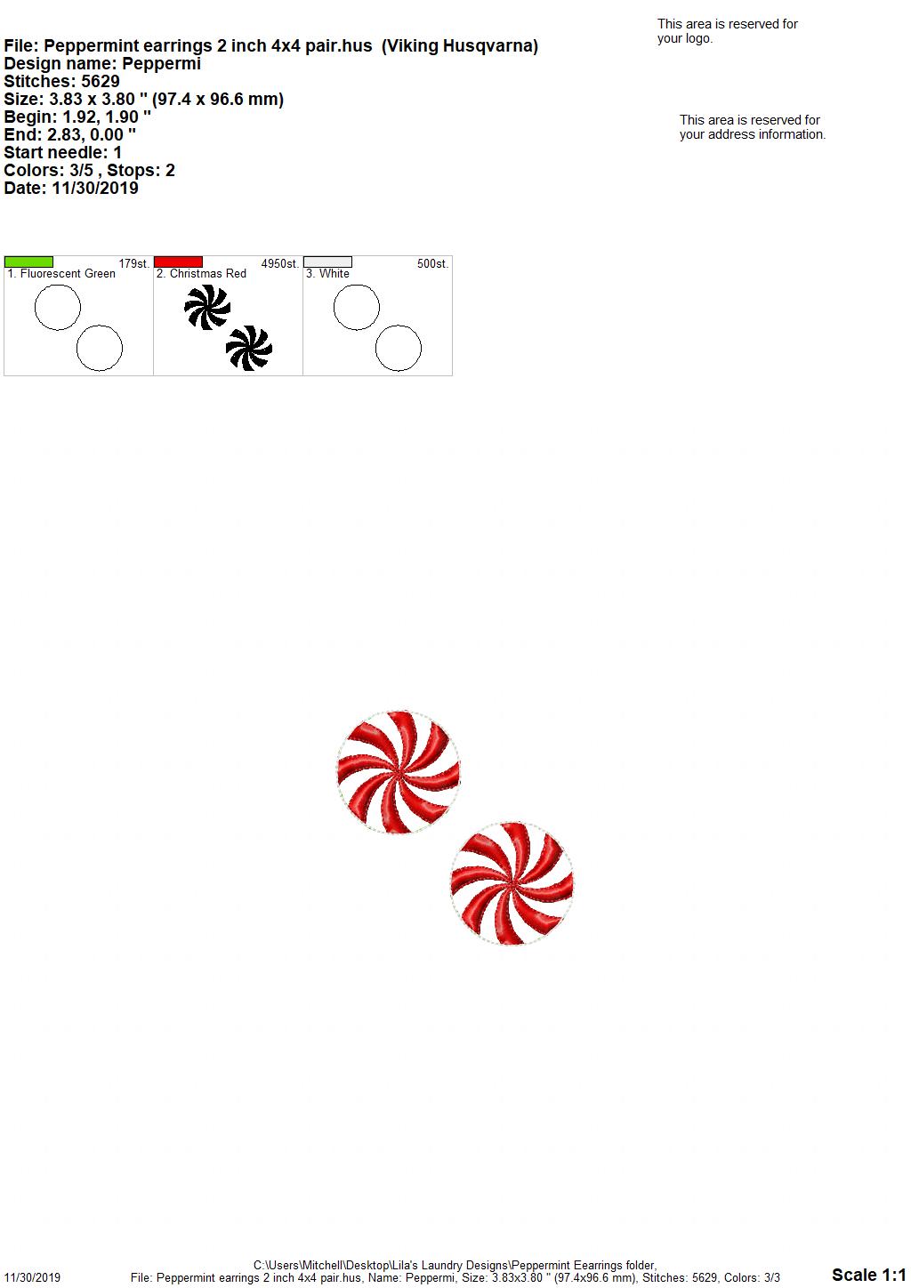 Peppermint Earrings - 2 sizes - Digital Embroidery Design