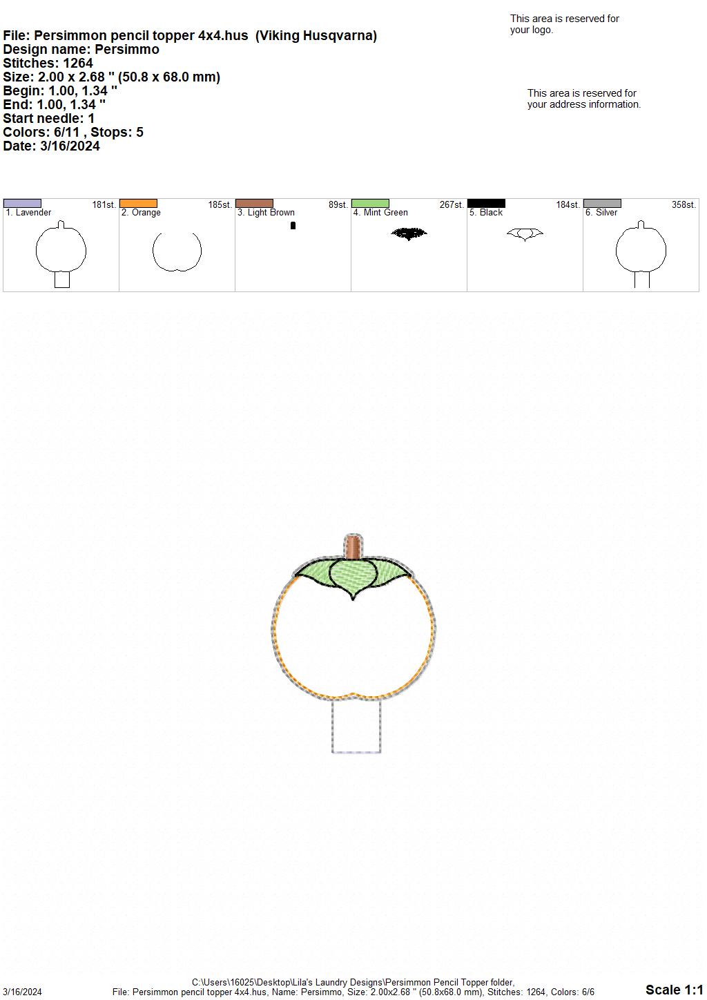 Persimmon Pencil Topper - Digital Embroidery Design