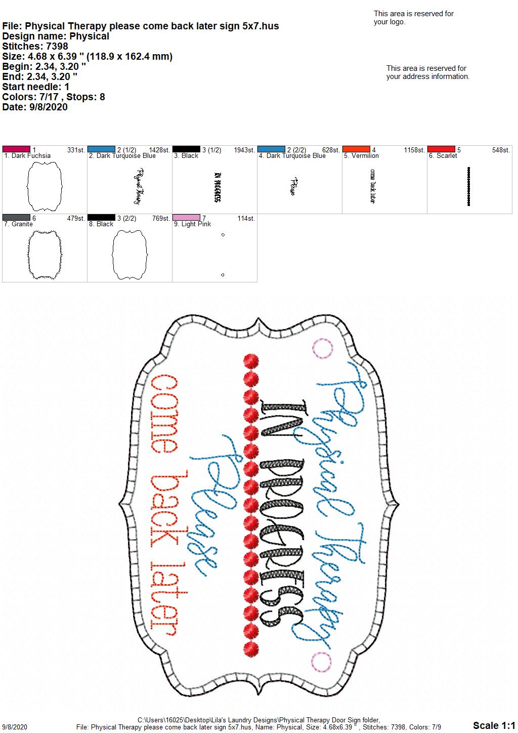 Physical Therapy Door Hanger - 3 sizes - Digital Embroidery Design