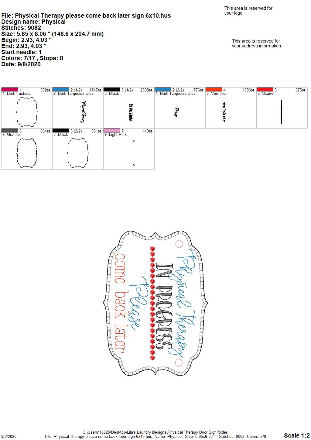 Physical Therapy Door Hanger - 3 sizes - Digital Embroidery Design