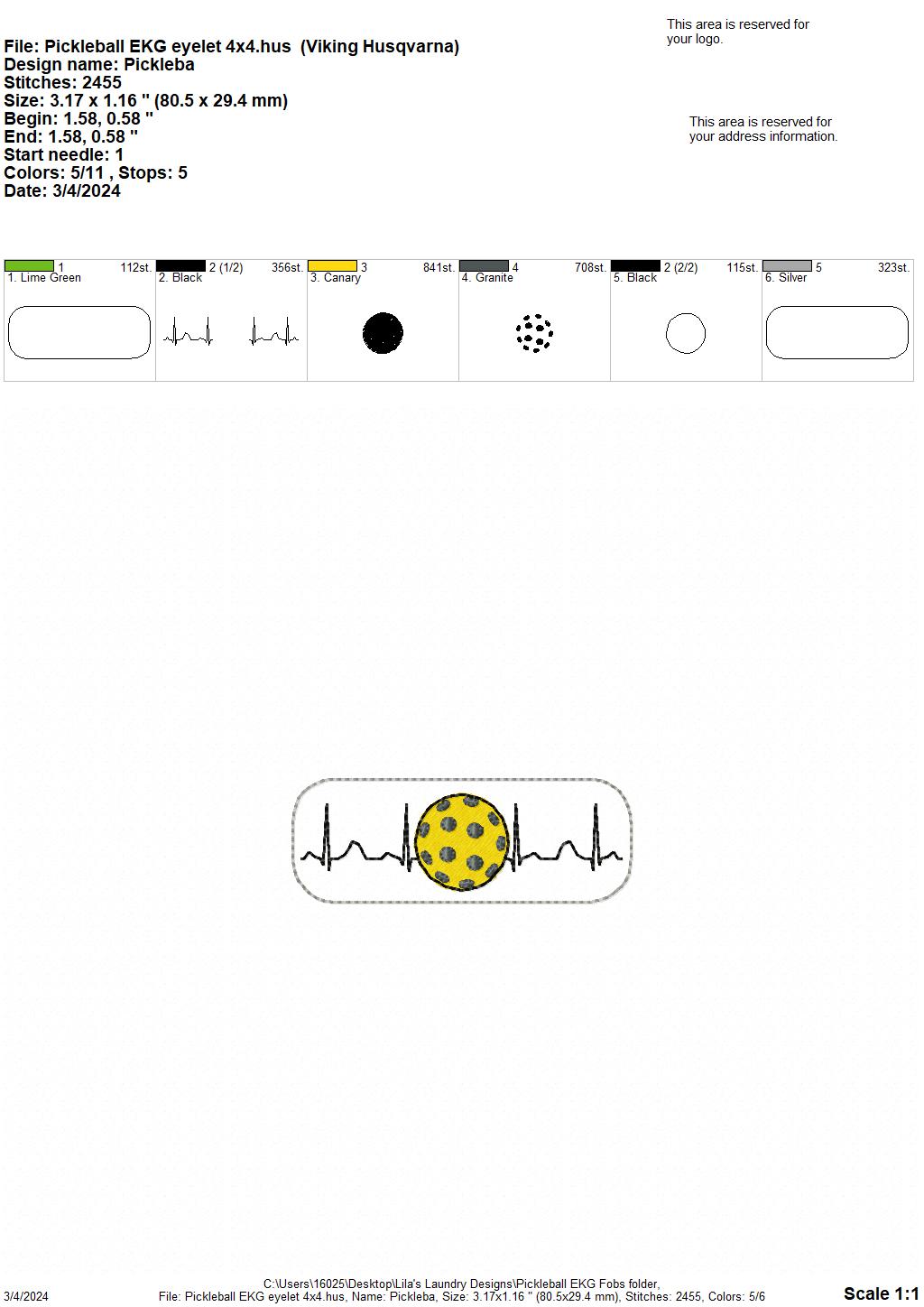 Pickleball EKG Fobs - Digital Embroidery Design
