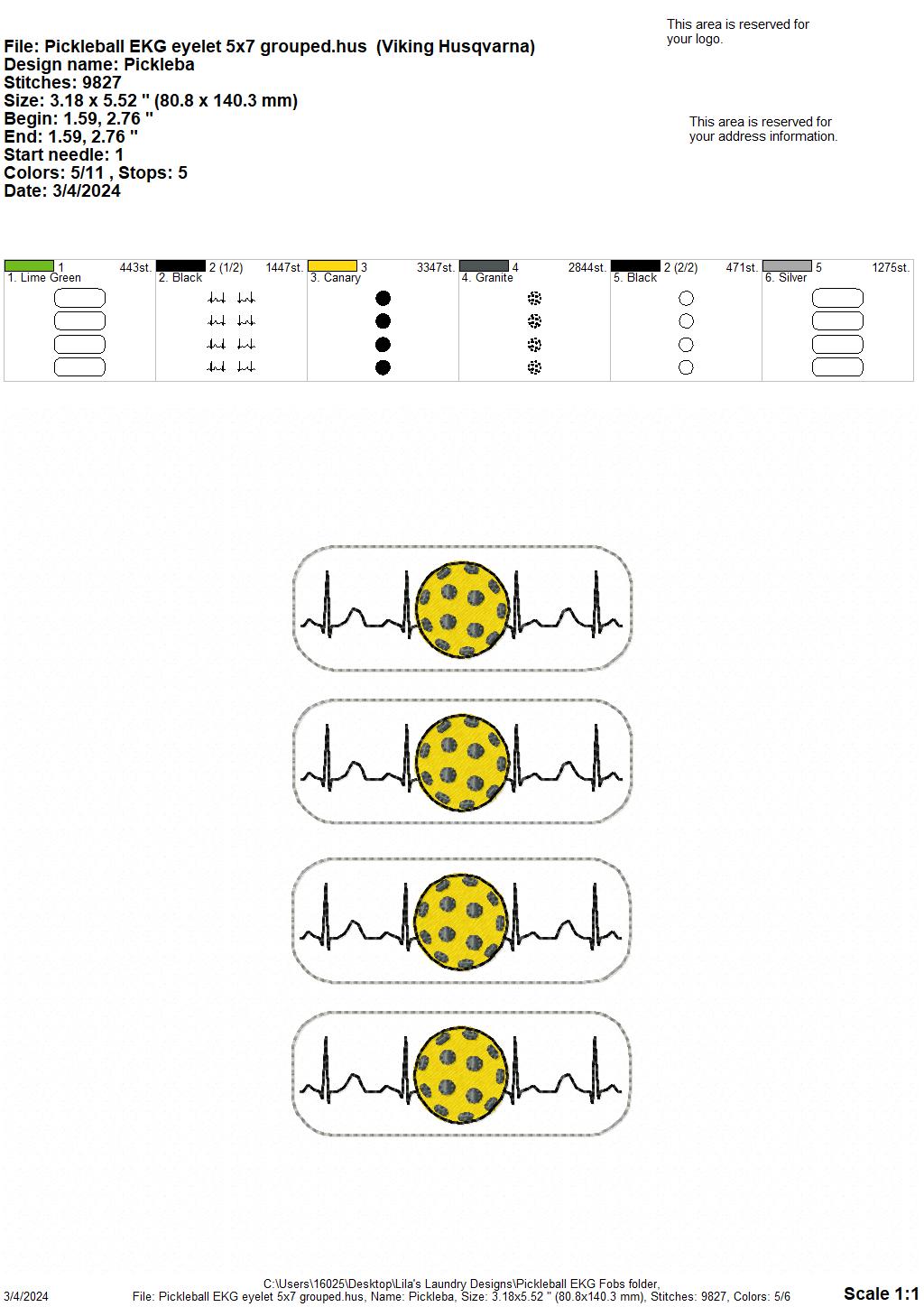 Pickleball EKG Fobs - Digital Embroidery Design