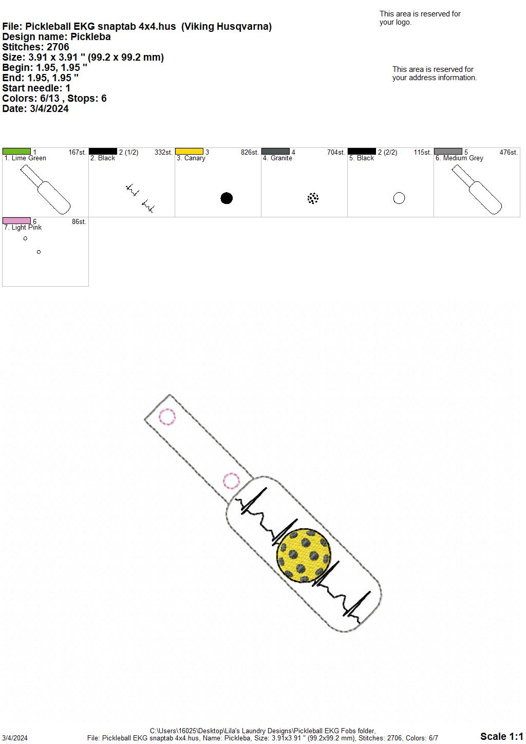 Pickleball EKG Fobs - Digital Embroidery Design
