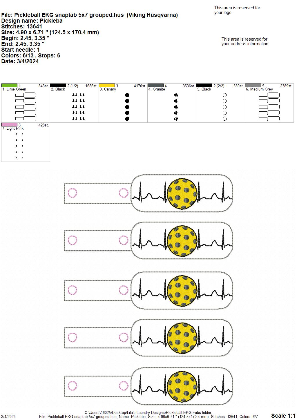 Pickleball EKG Fobs - Digital Embroidery Design