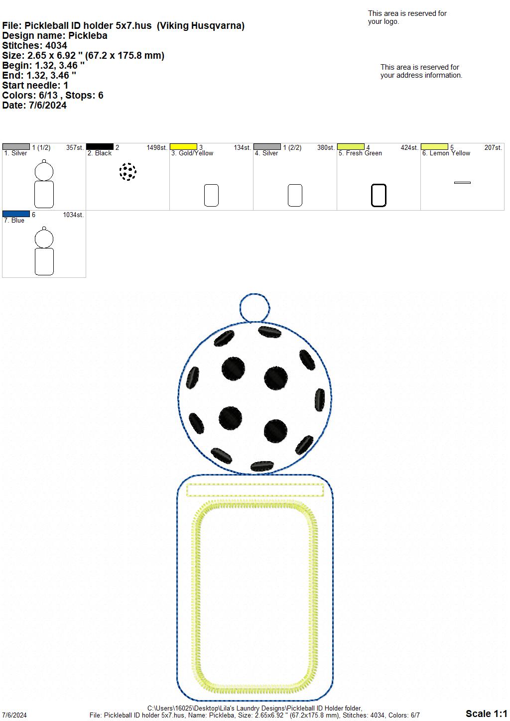 Pickleball ID holder - 5x7 only - Digital Embroidery Design