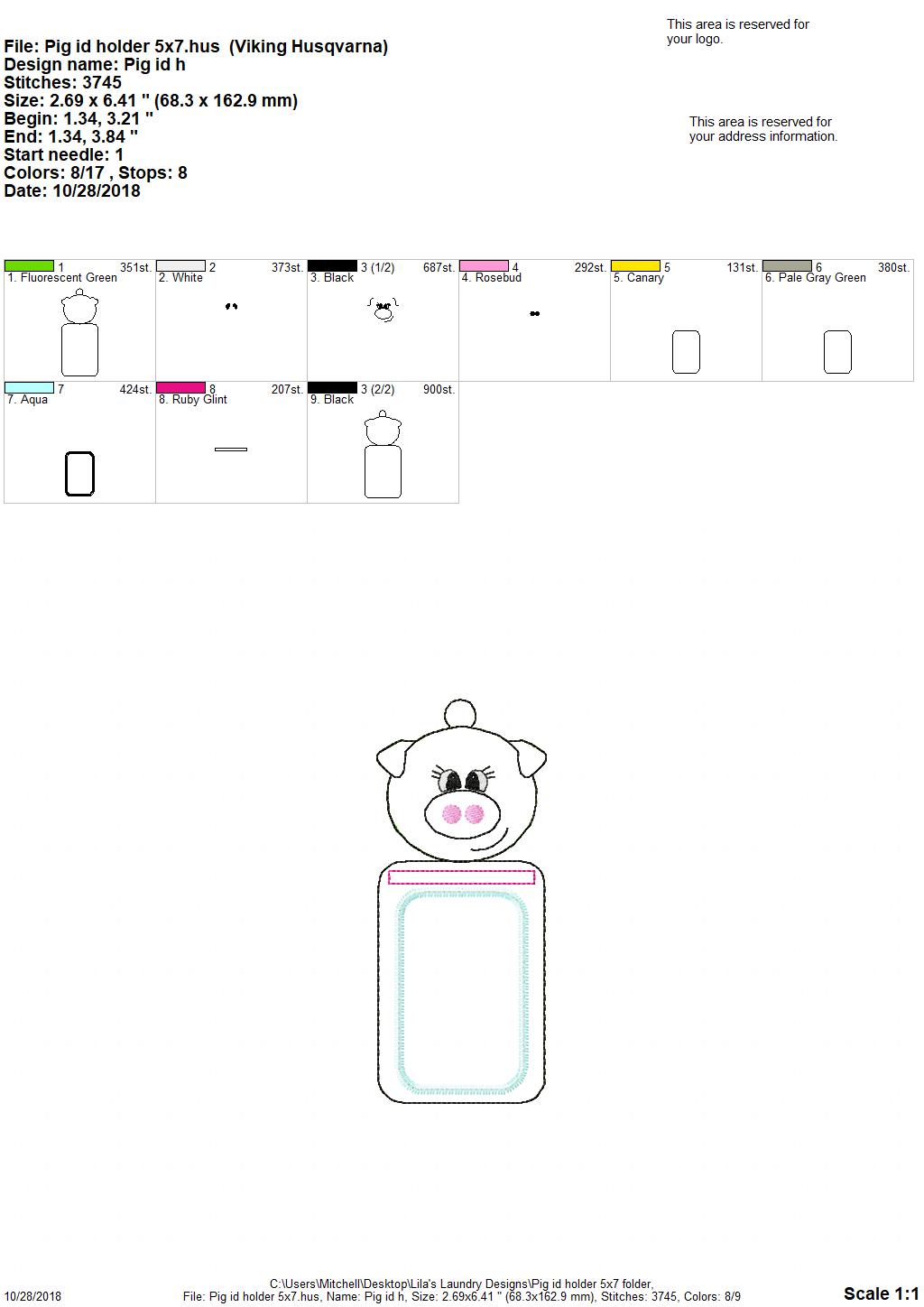 Pig ID Holder - 5 x 7 - Embroidery Design - DIGITAL Embroidery design