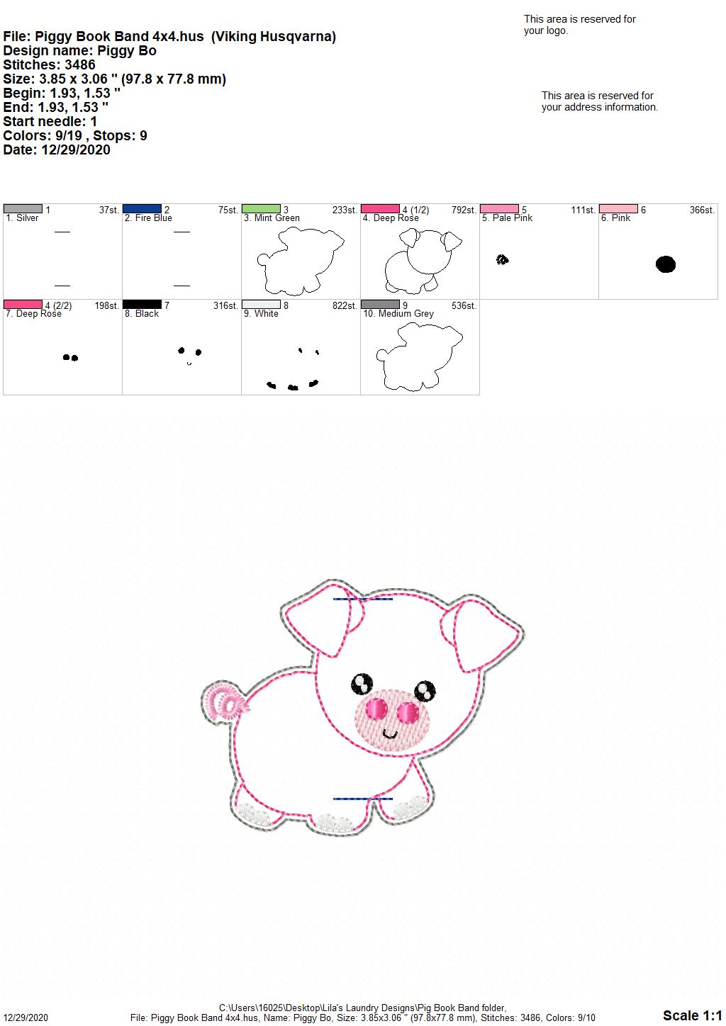Pig Book Band - Embroidery Design, Digital File