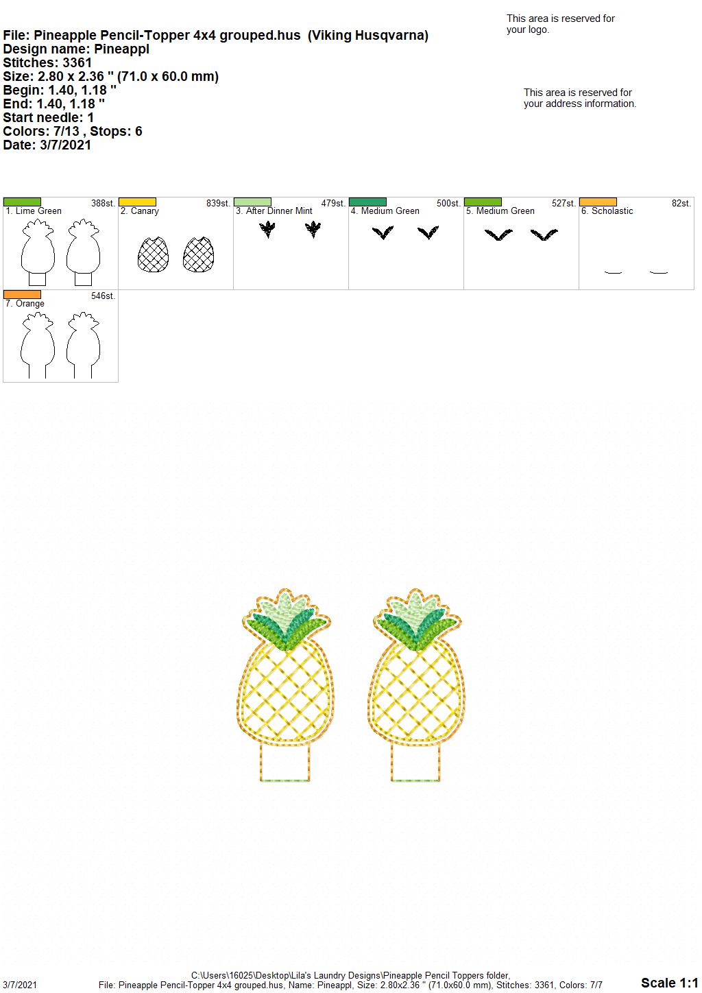 Pineapple Pencil Toppers 4x4 and 5x7 included- DIGITAL Embroidery DESIGN