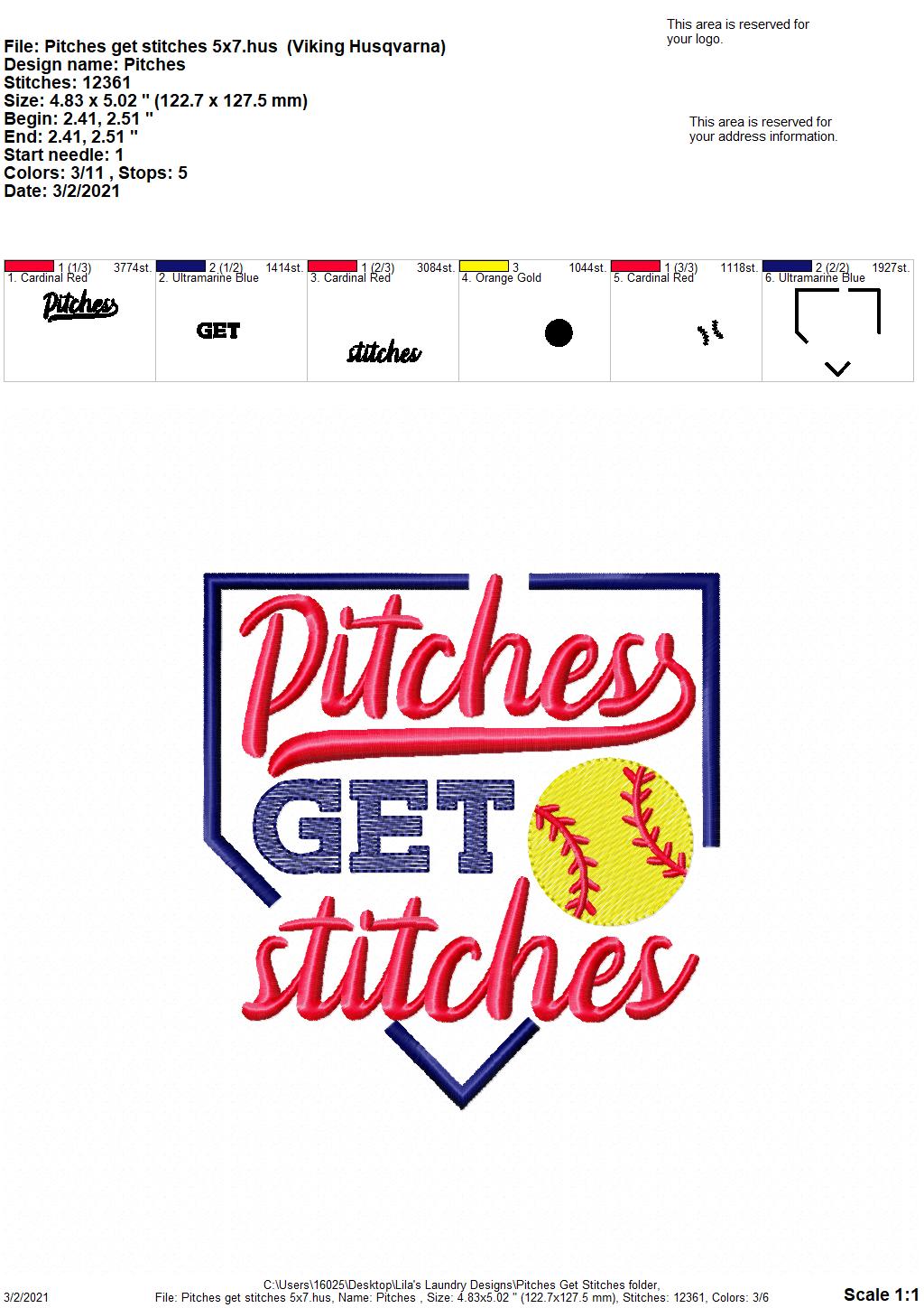 Pitches Get Stitches - 3 sizes- Digital Embroidery Design