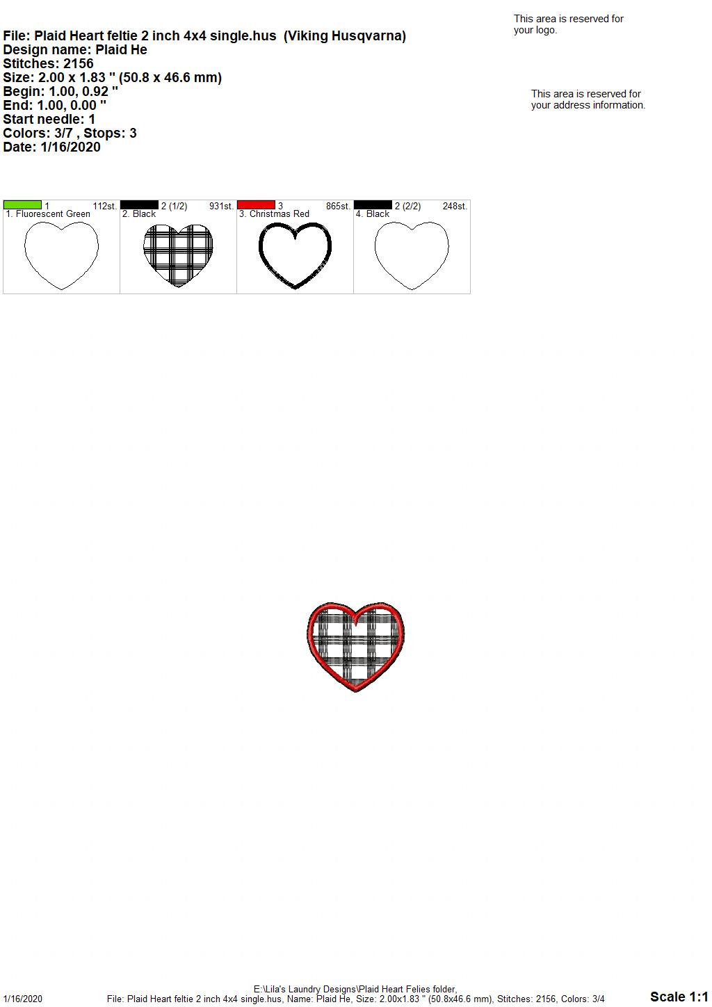 Plaid Heart Felties - 3 sizes - Digital Embroidery Design