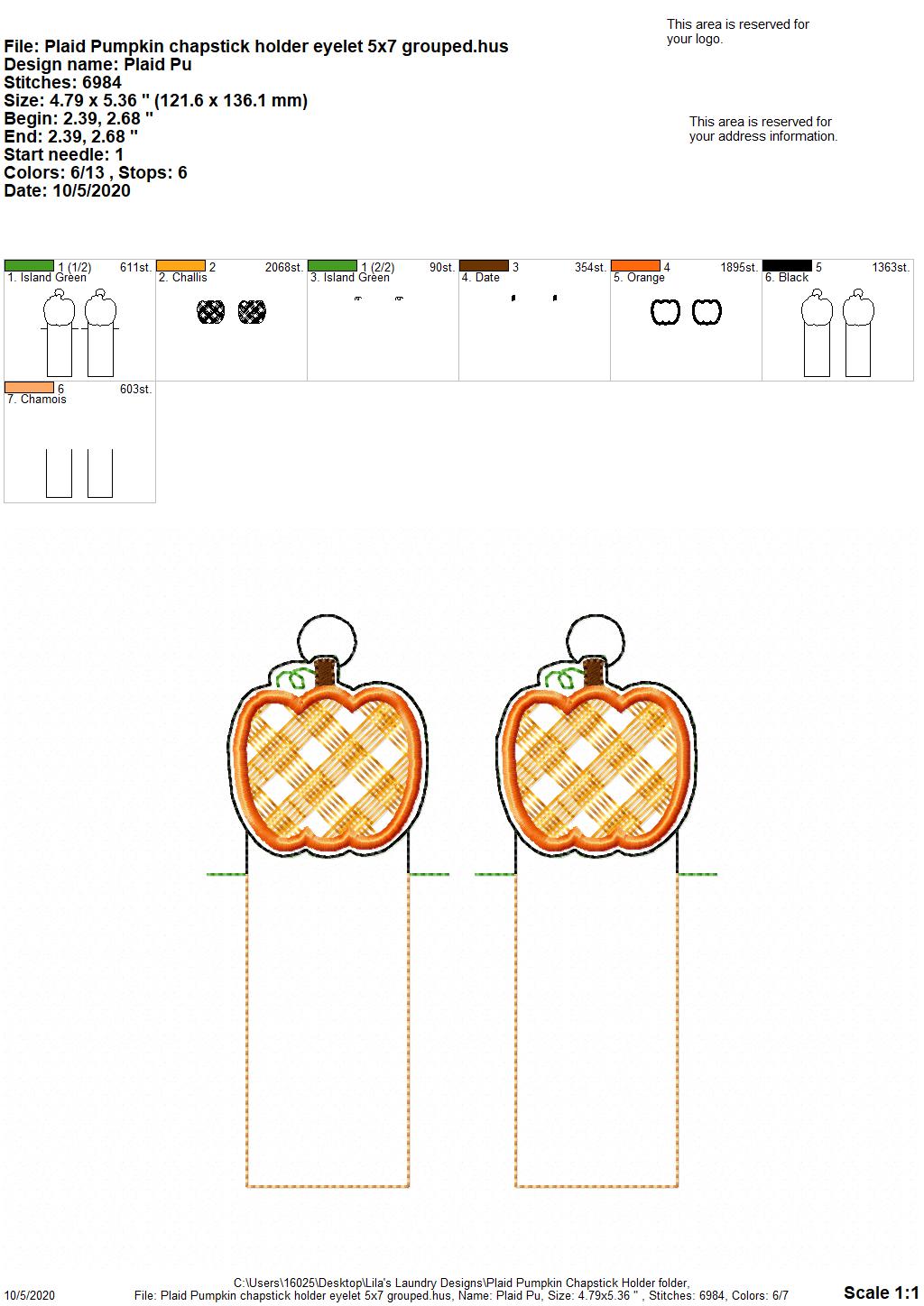 Plaid Pumpkin Lip Balm Holders 5x7 - DIGITAL Embroidery DESIGN