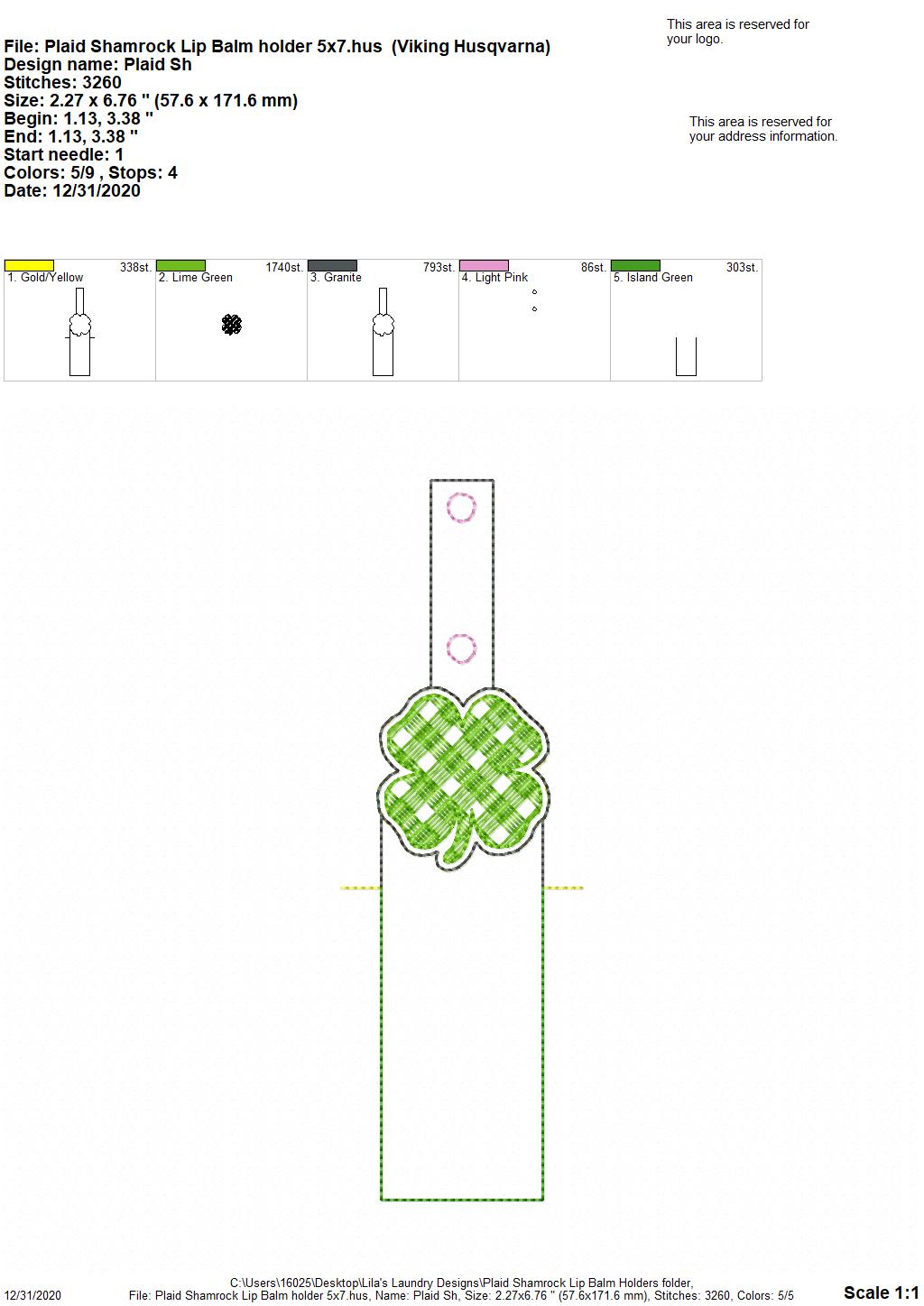 Plaid Shamrock Lip Balm Holders 5x7 - DIGITAL Embroidery DESIGN