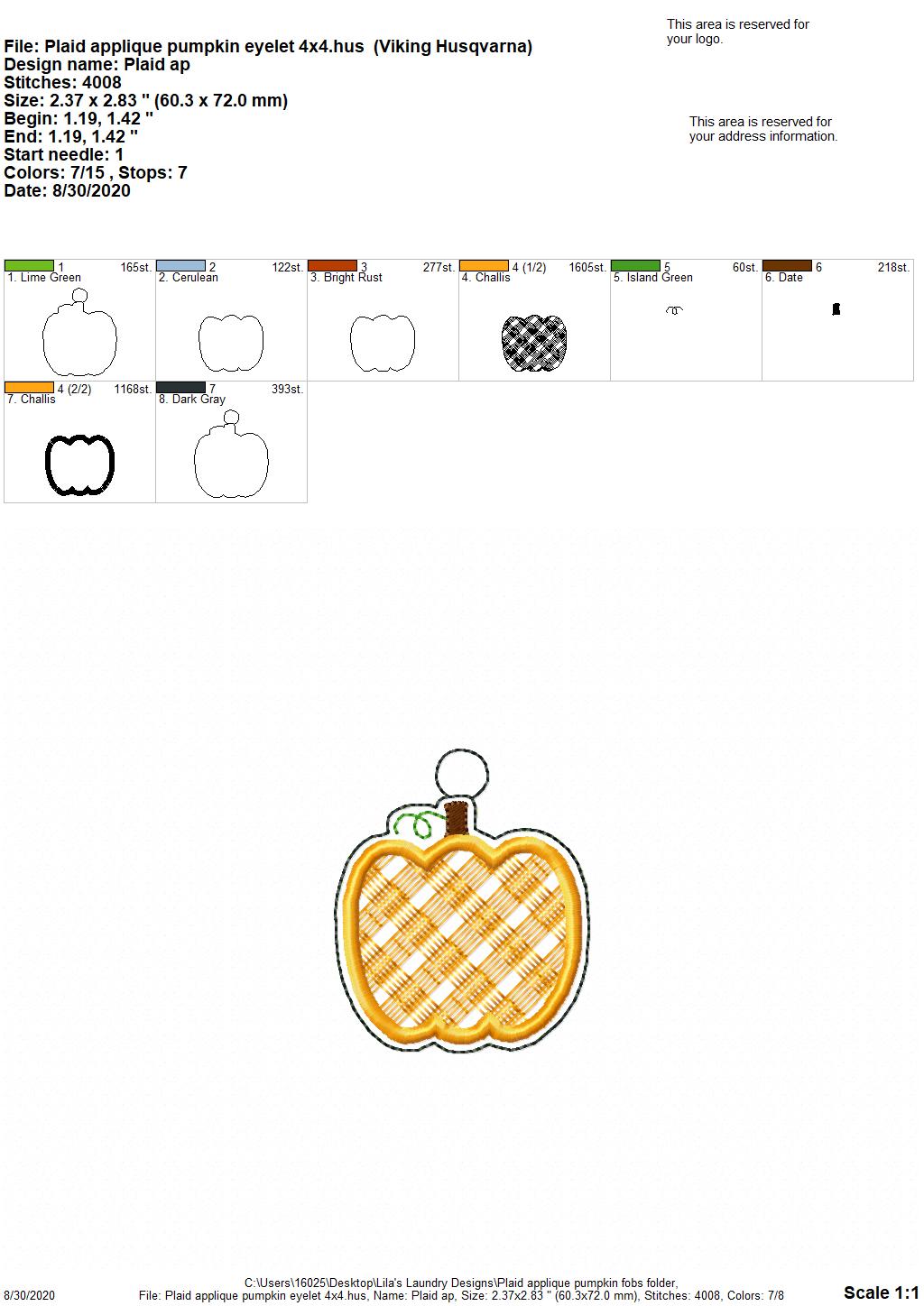 Plaid Applique Pumpkin Fobs - DIGITAL Embroidery DESIGN