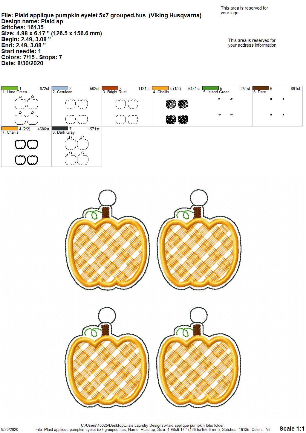 Plaid Applique Pumpkin Fobs - DIGITAL Embroidery DESIGN