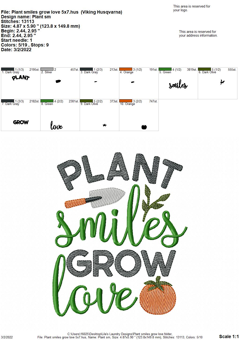 Plant Smiles Grow Love - 3 sizes- Digital Embroidery Design