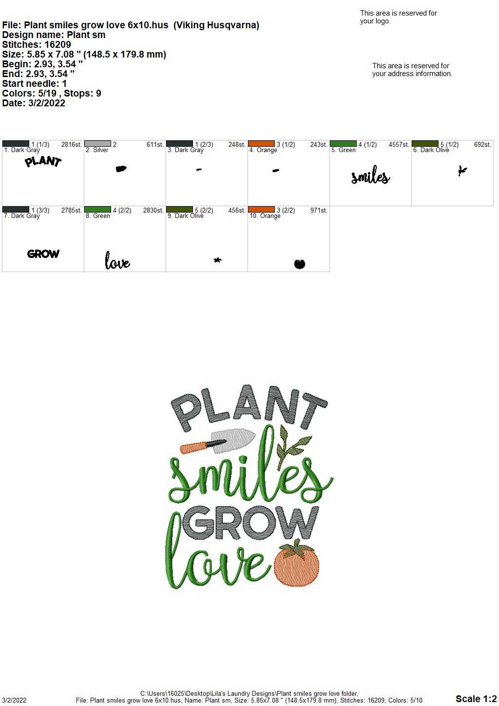 Plant Smiles Grow Love - 3 sizes- Digital Embroidery Design