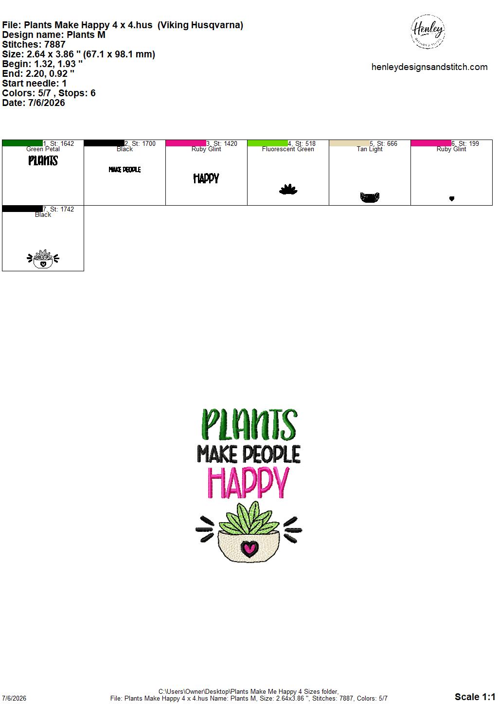 Plants Make People Happy – 4 x 4, 5 x 7, 6 x 10 and 8 x 12 – DIGITAL Embroidery Design