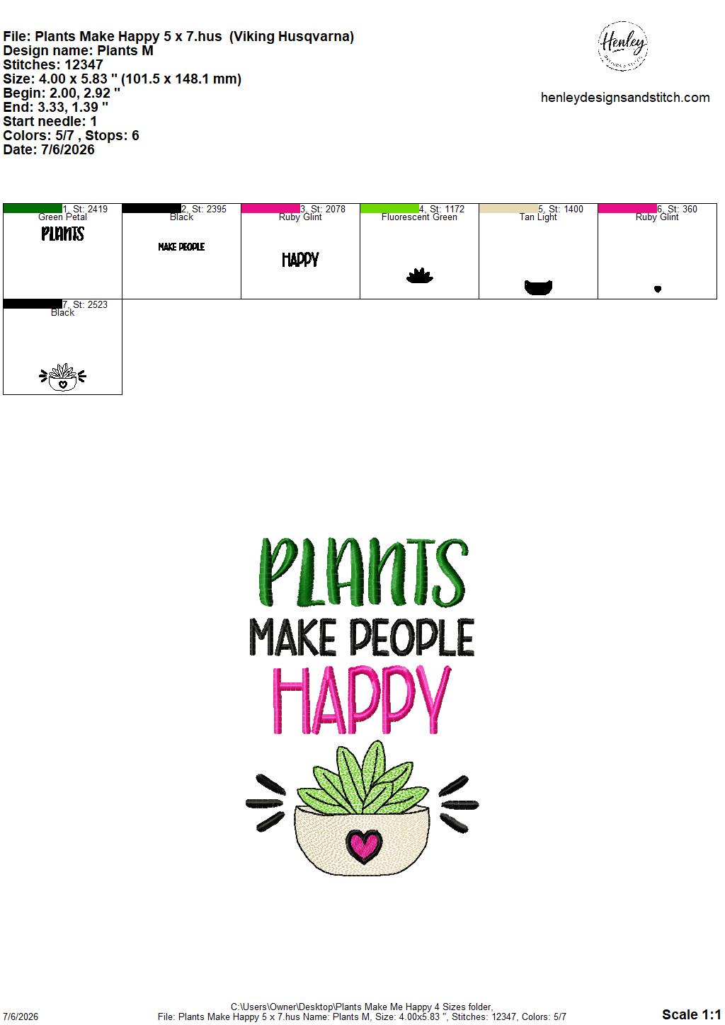 Plants Make People Happy – 4 x 4, 5 x 7, 6 x 10 and 8 x 12 – DIGITAL Embroidery Design