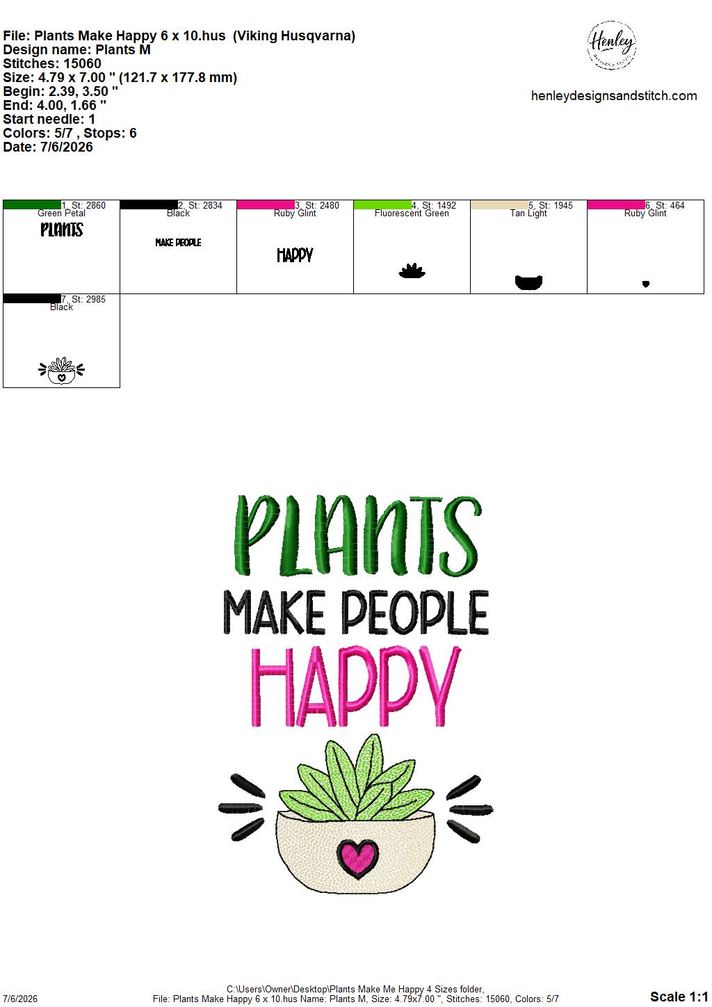 Plants Make People Happy – 4 x 4, 5 x 7, 6 x 10 and 8 x 12 – DIGITAL Embroidery Design