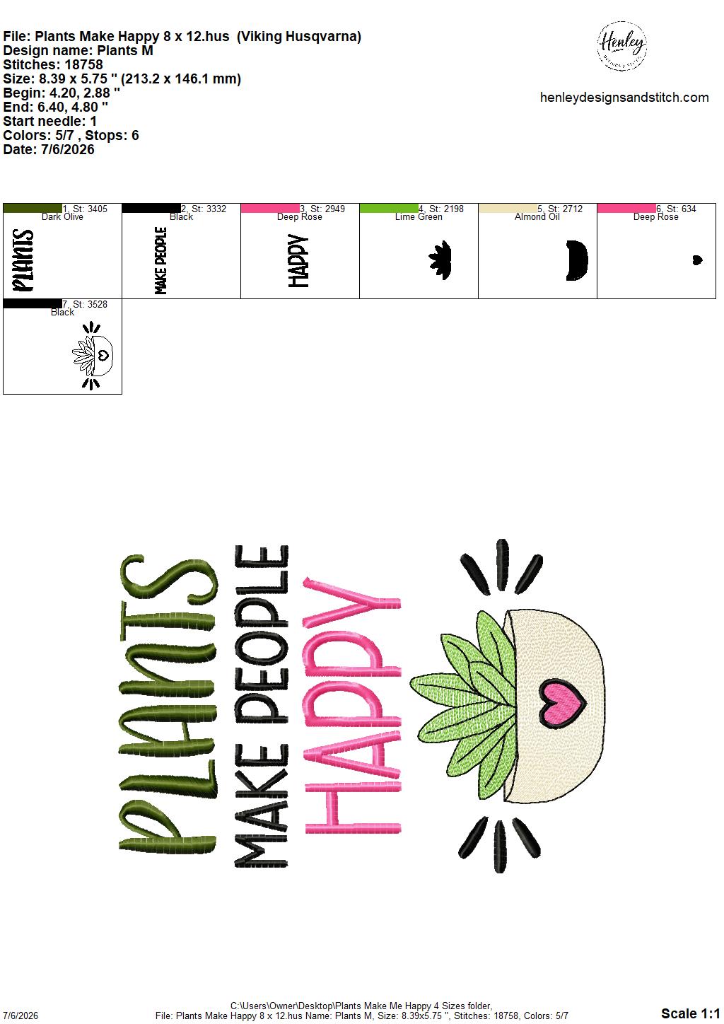 Plants Make People Happy – 4 x 4, 5 x 7, 6 x 10 and 8 x 12 – DIGITAL Embroidery Design