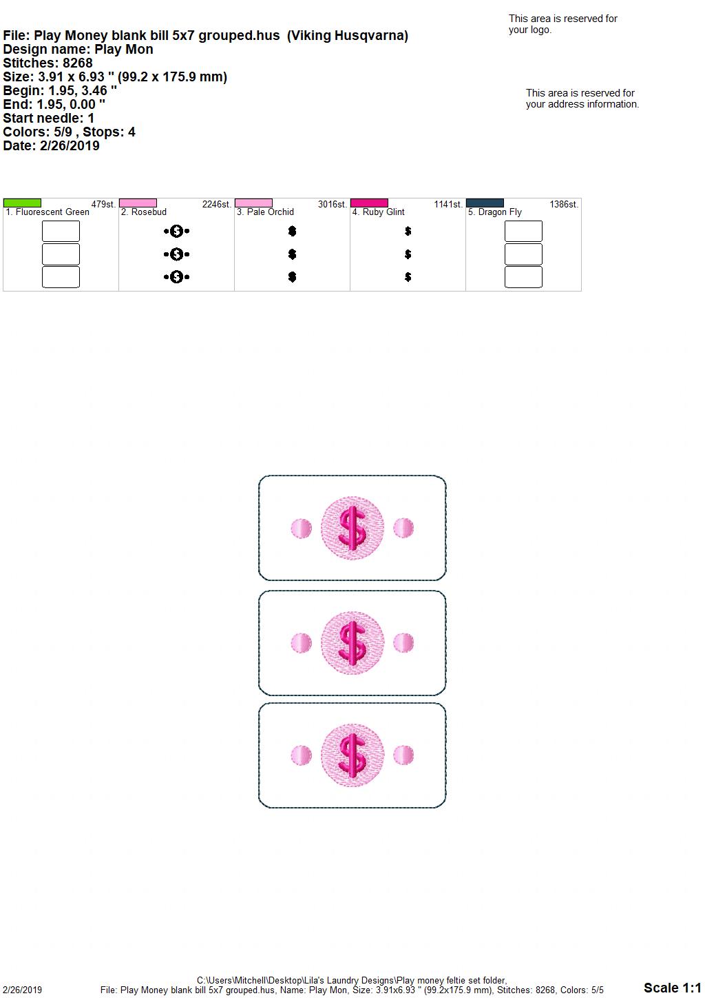 Play Money Feltie Set - 2 sizes- Digital Embroidery Design
