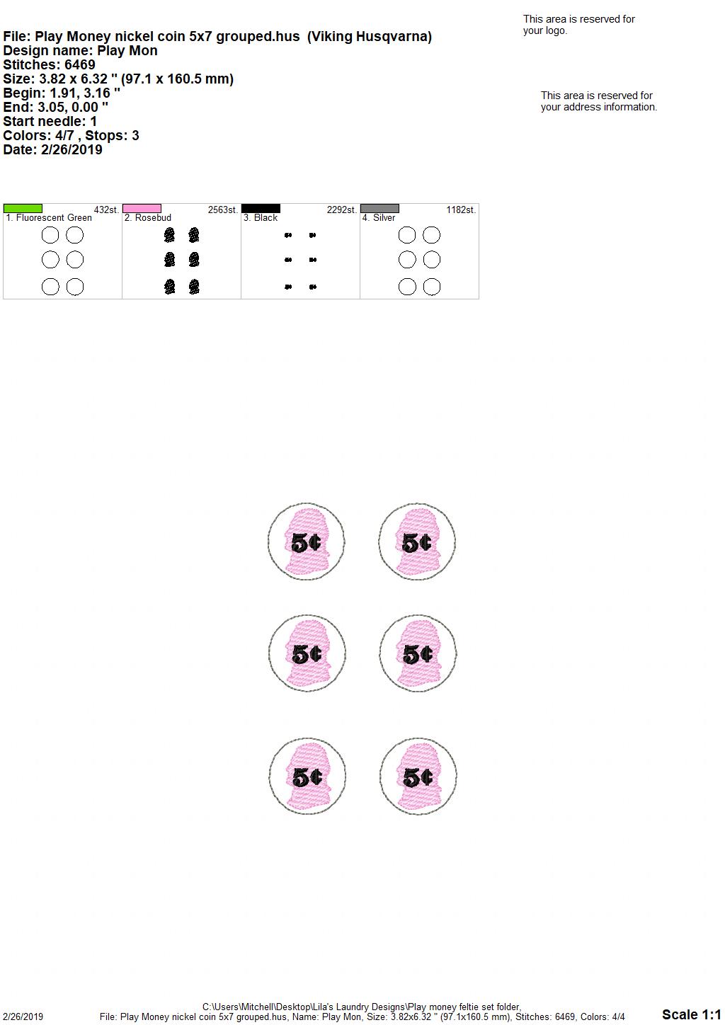 Play Money Feltie Set - 2 sizes- Digital Embroidery Design