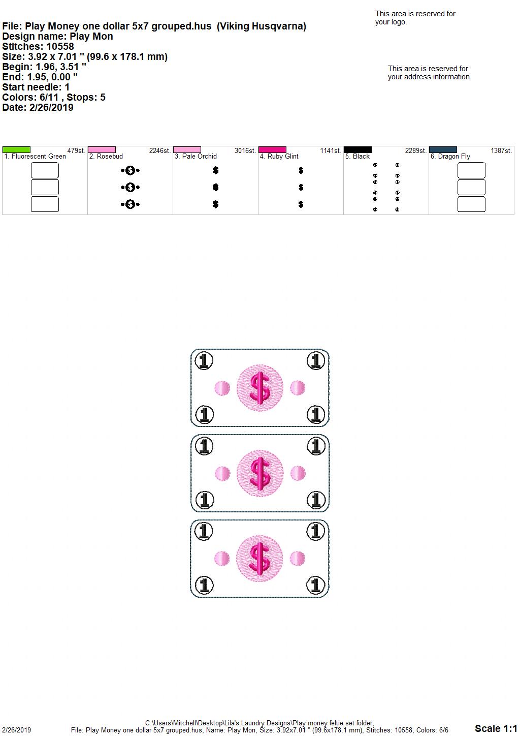 Play Money Feltie Set - 2 sizes- Digital Embroidery Design
