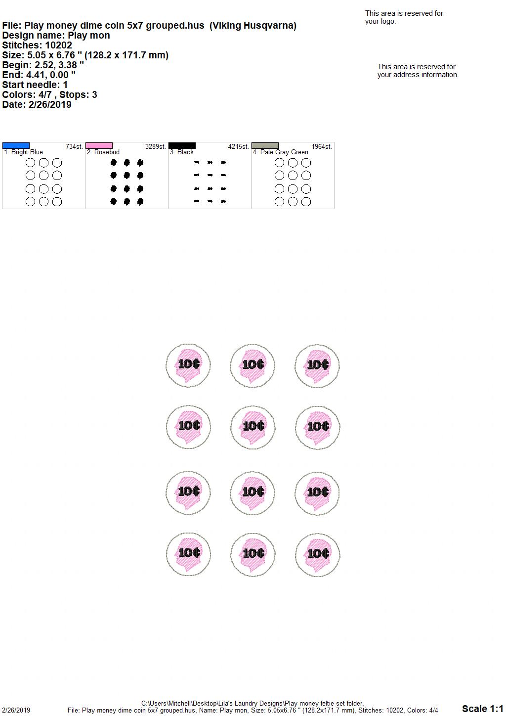Play Money Feltie Set - 2 sizes- Digital Embroidery Design