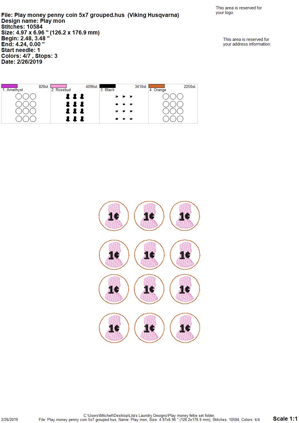 Play Money Feltie Set - 2 sizes- Digital Embroidery Design