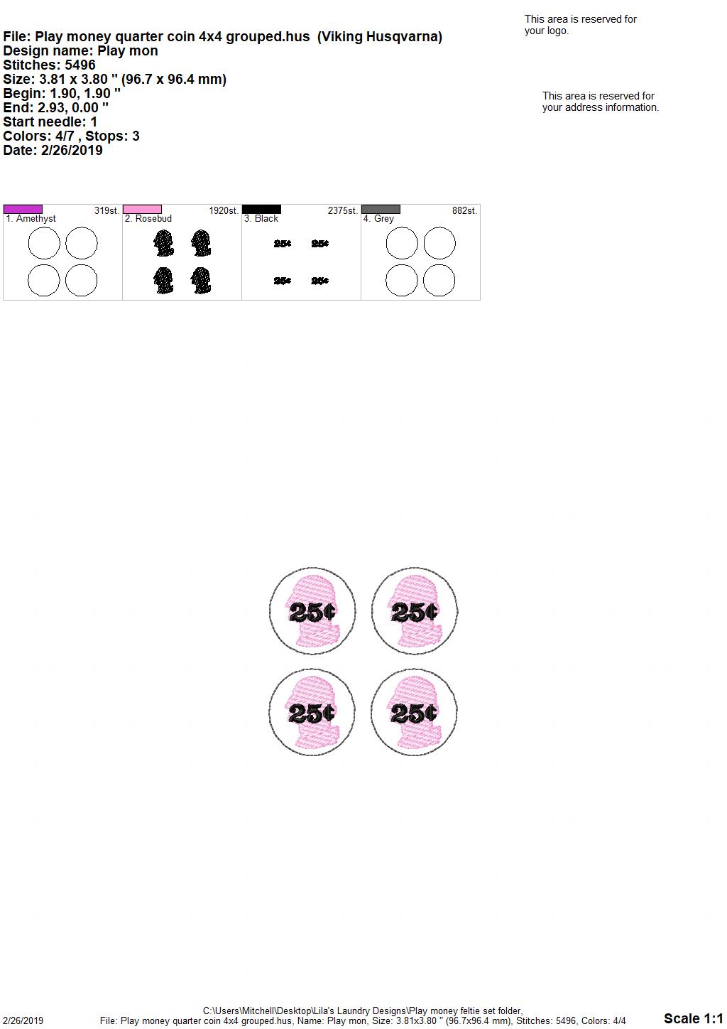Play Money Feltie Set - 2 sizes- Digital Embroidery Design
