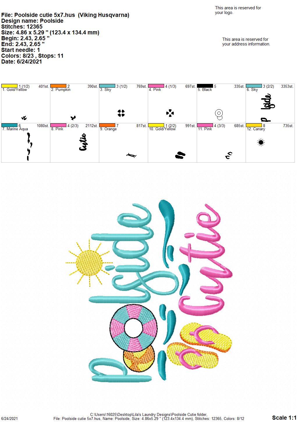 Poolside Cutie - 3 sizes- Digital Embroidery Design