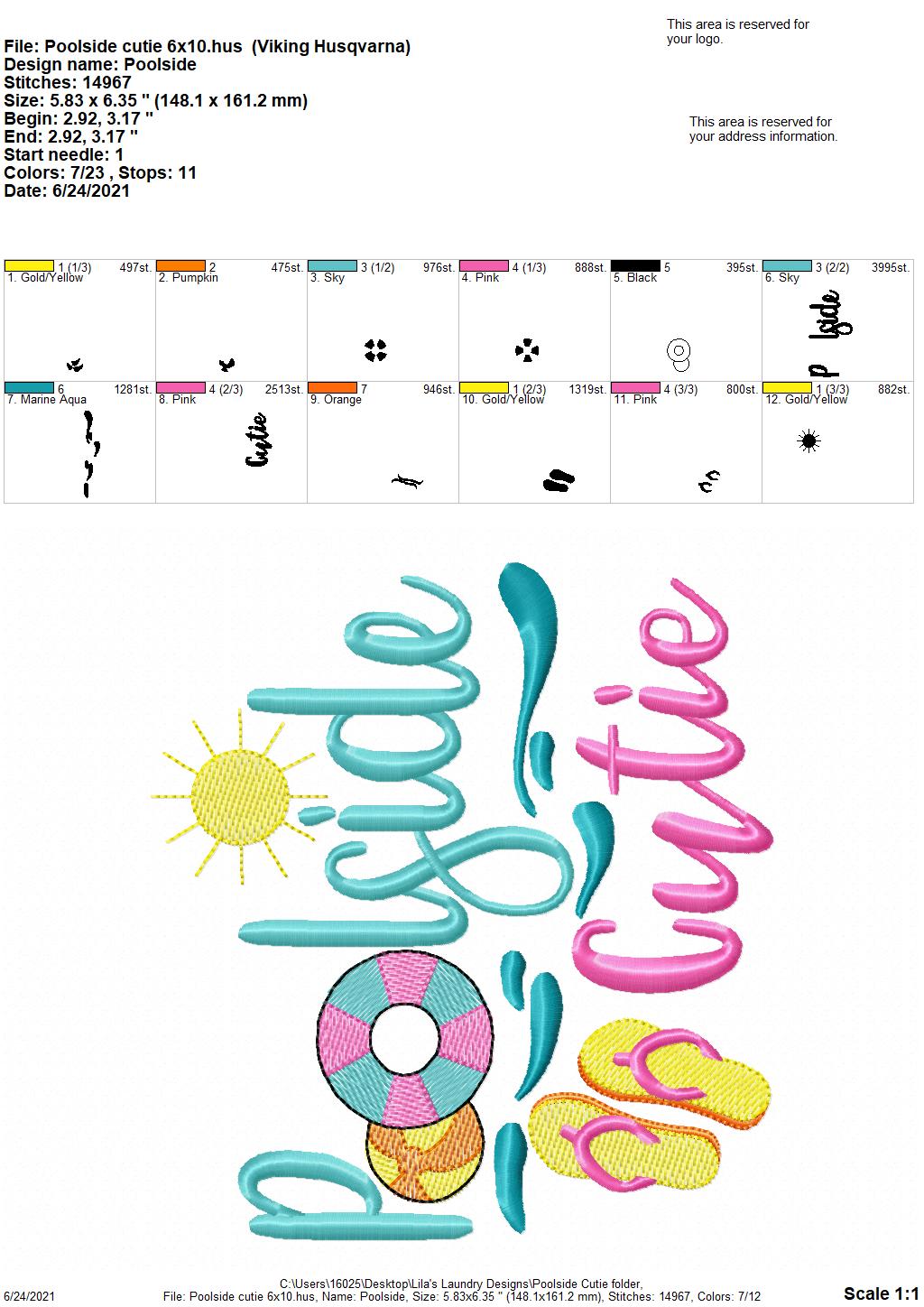 Poolside Cutie - 3 sizes- Digital Embroidery Design