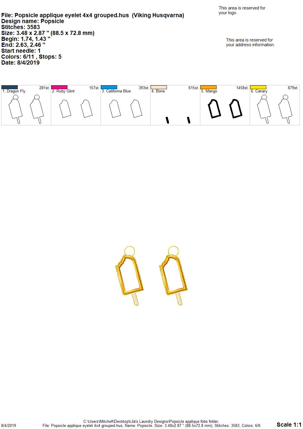 Popsicle Applique Fobs - DIGITAL Embroidery DESIGN