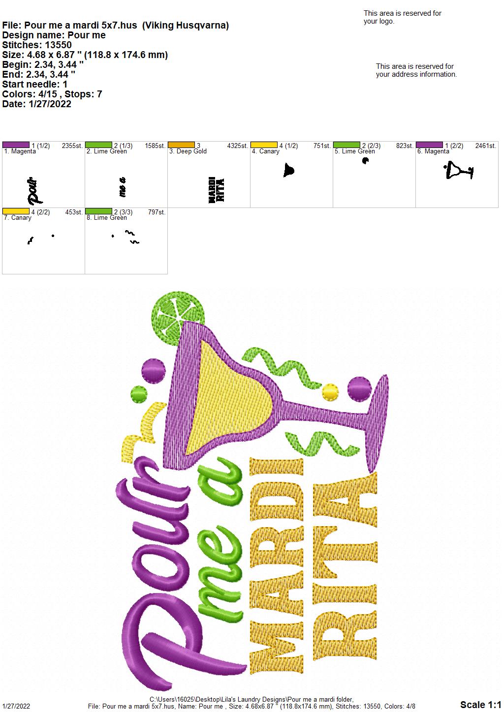 Pour Me A Mardi - 3 sizes- Digital Embroidery Design