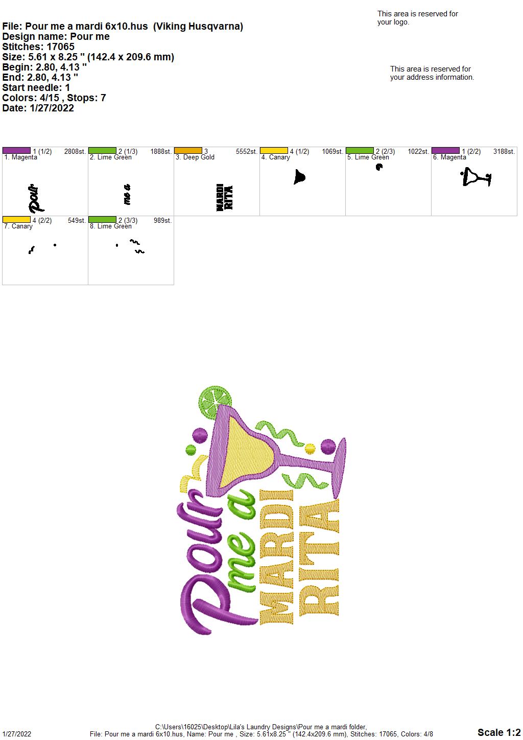 Pour Me A Mardi - 3 sizes- Digital Embroidery Design