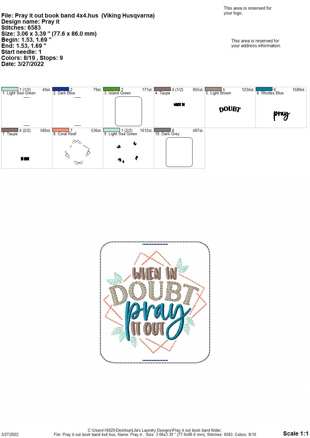 Pray it Out Book Band - Embroidery Design, Digital File
