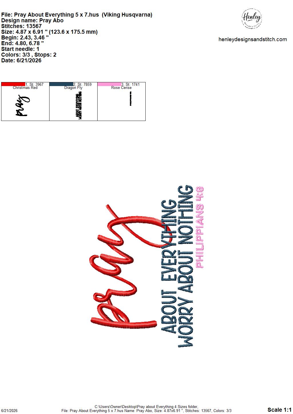 Bible Verse – PRAY About Everything – Philippians 4:6 – 4 x 4, 5 x 7, 6 x 10 and 8 x 12 – DIGITAL Embroidery Design