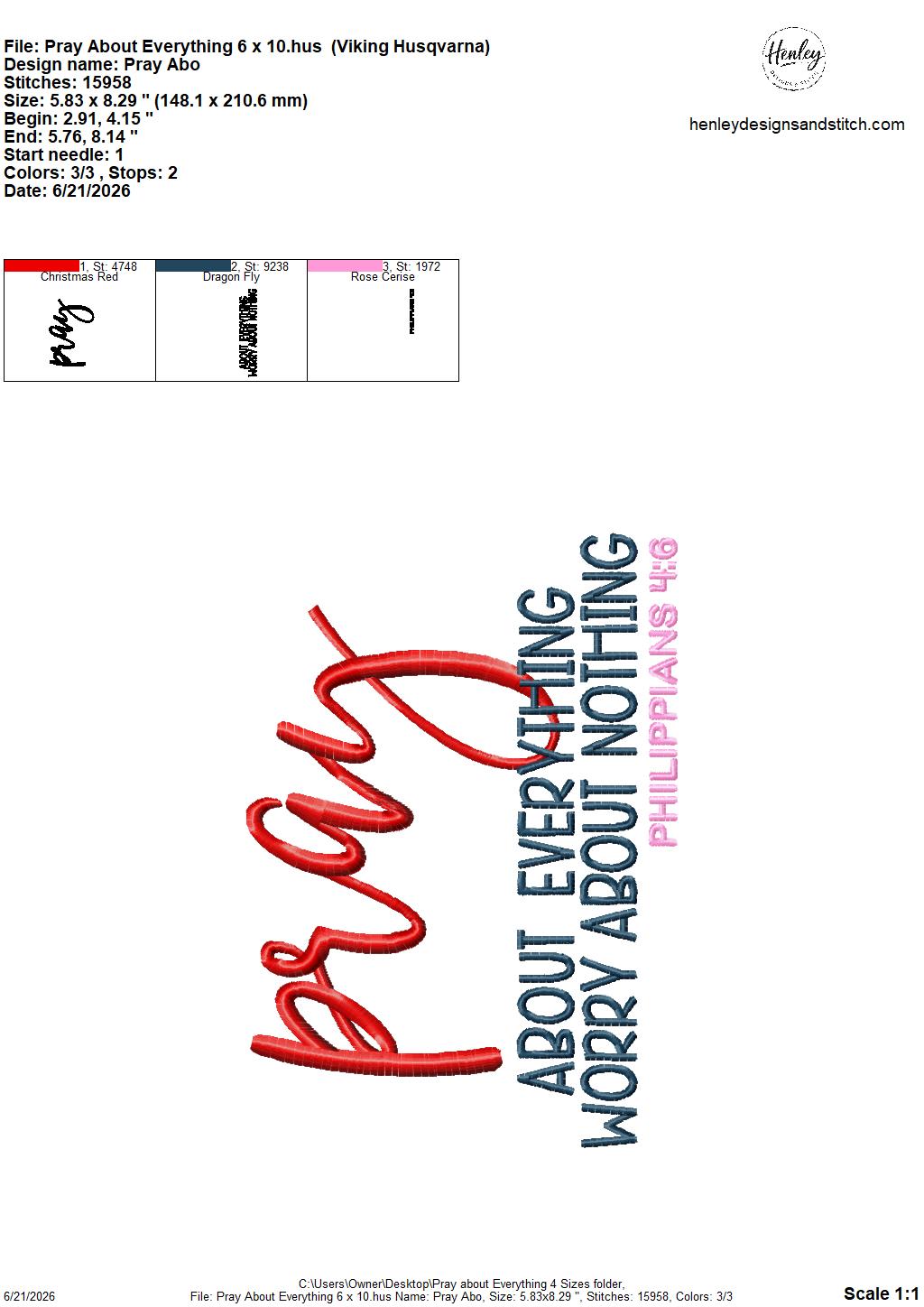 Bible Verse – PRAY About Everything – Philippians 4:6 – 4 x 4, 5 x 7, 6 x 10 and 8 x 12 – DIGITAL Embroidery Design