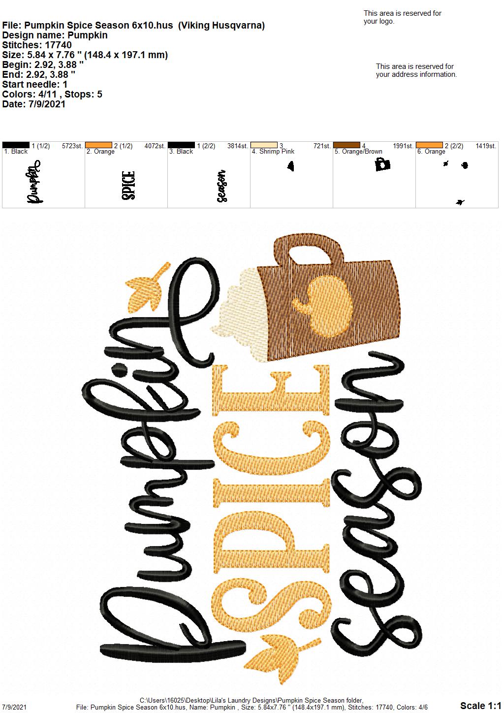 Pumpkin Spice Season - 4 sizes- Digital Embroidery Design