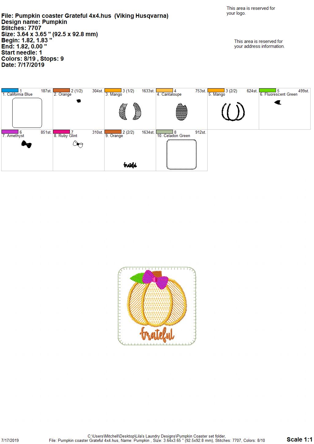 Fall Pumpkin Coaster Set 4x4 - DIGITAL Embroidery DESIGN
