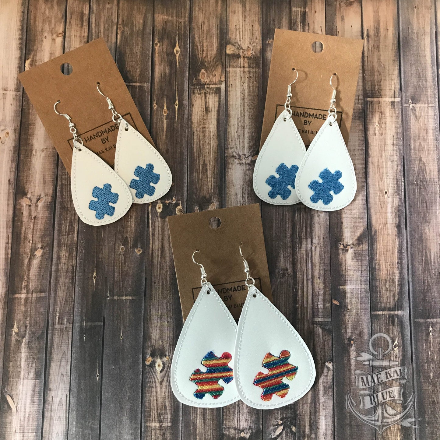 Puzzle Piece Tear Drop Earrings - 3 sizes - Digital Embroidery Design