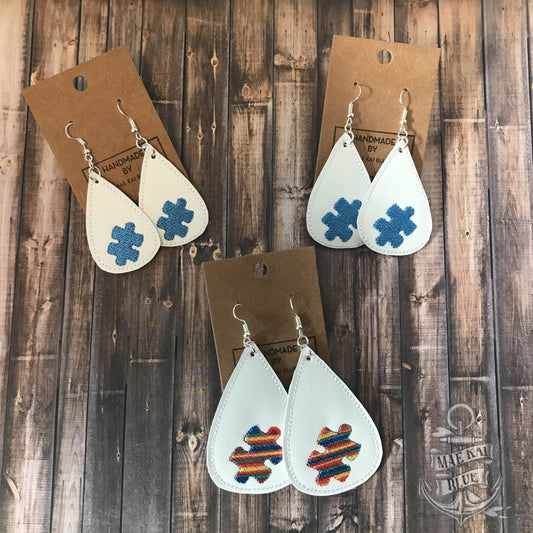 Puzzle Piece Tear Drop Earrings - 3 sizes - Digital Embroidery Design
