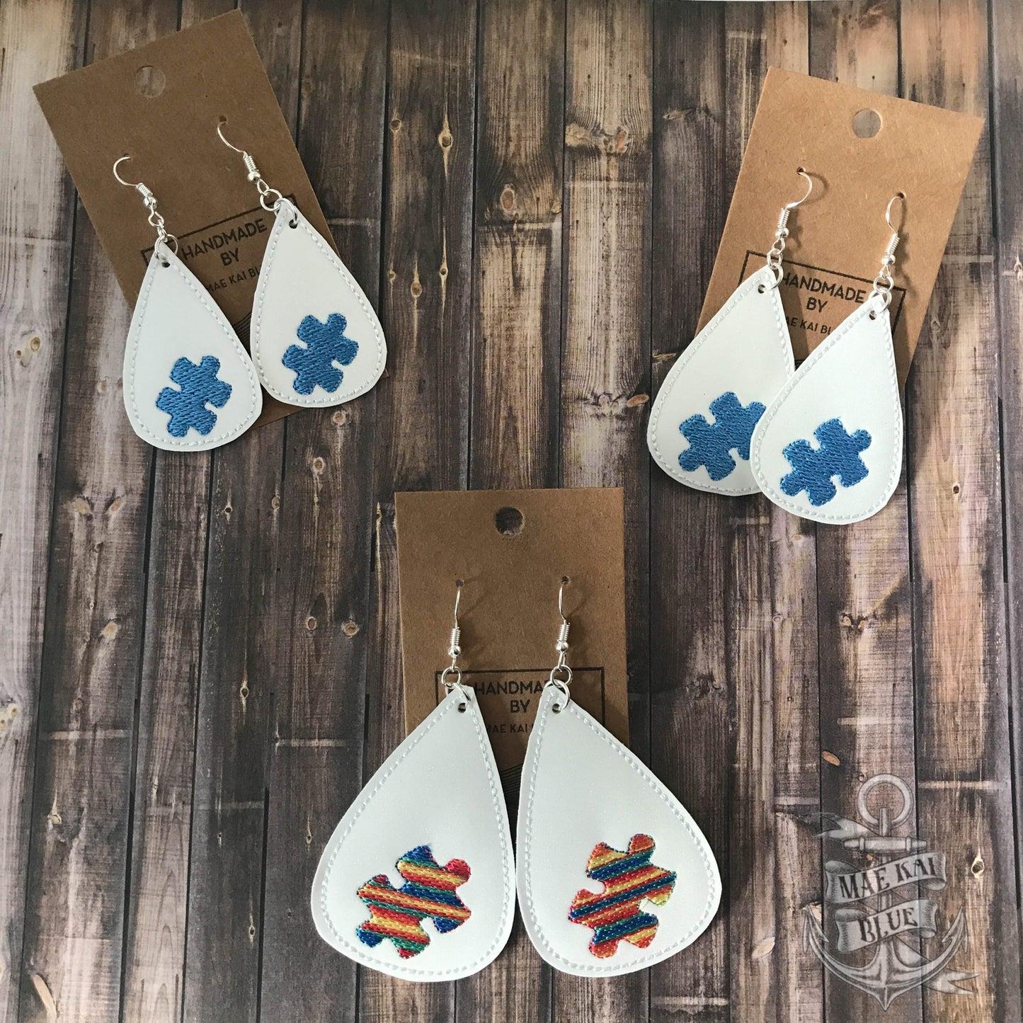 Puzzle Piece Tear Drop Earrings - 3 sizes - Digital Embroidery Design