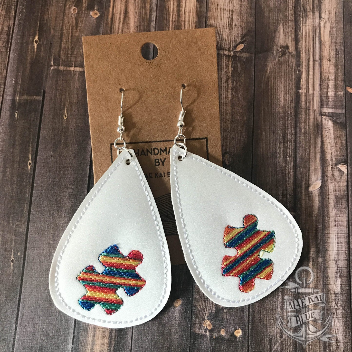Puzzle Piece Tear Drop Earrings - 3 sizes - Digital Embroidery Design