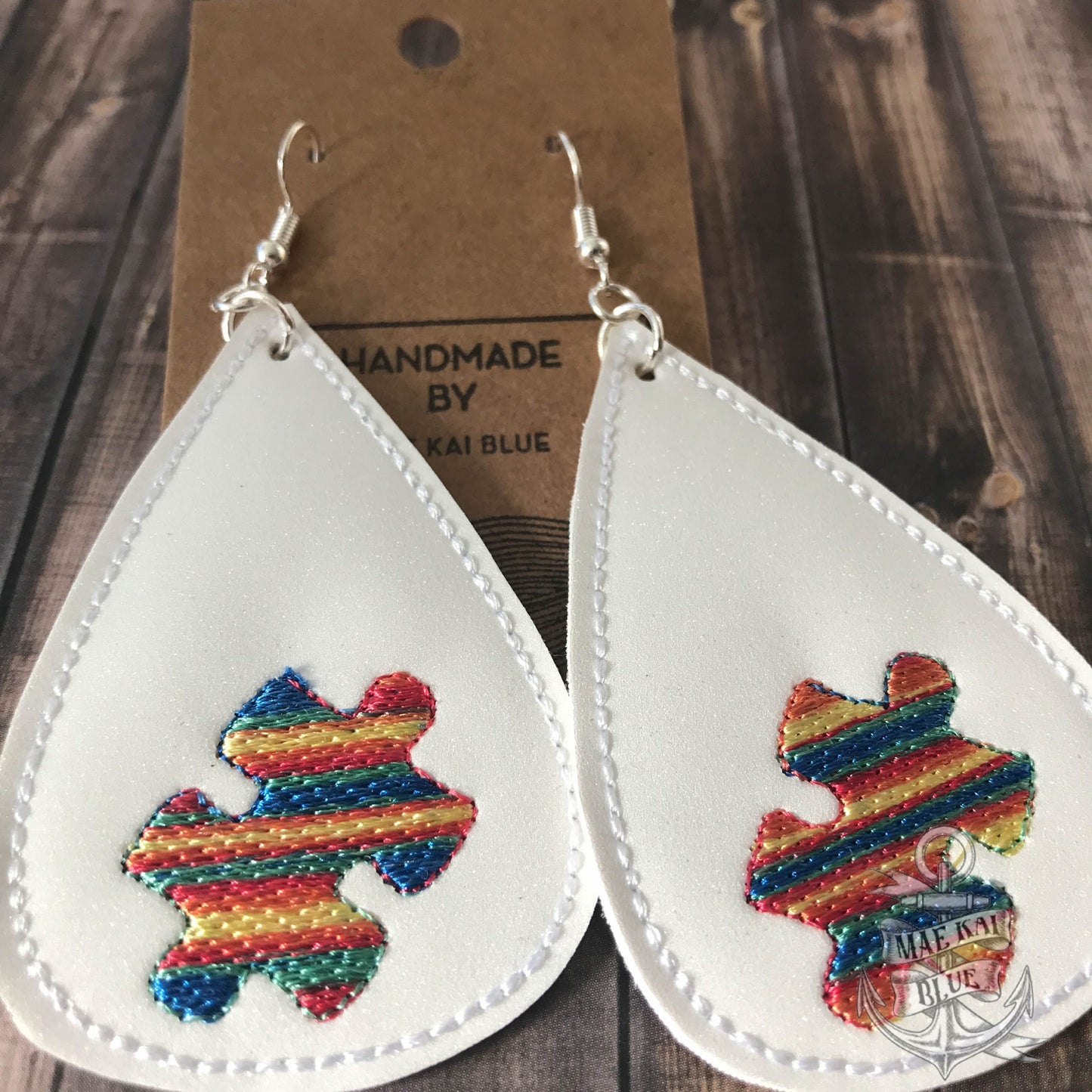 Puzzle Piece Tear Drop Earrings - 3 sizes - Digital Embroidery Design