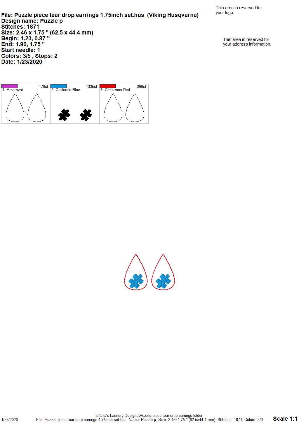Puzzle Piece Tear Drop Earrings - 3 sizes - Digital Embroidery Design