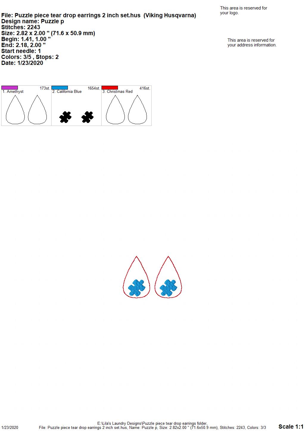 Puzzle Piece Tear Drop Earrings - 3 sizes - Digital Embroidery Design