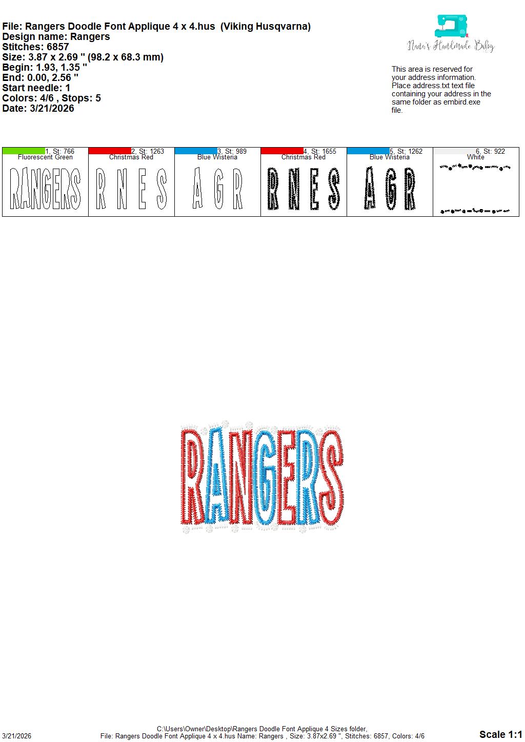 Rangers Doodle Font Applique – 4 x 4, 5 x 7, 6 x 10 and 8 x 12 – DIGITAL Embroidery Design