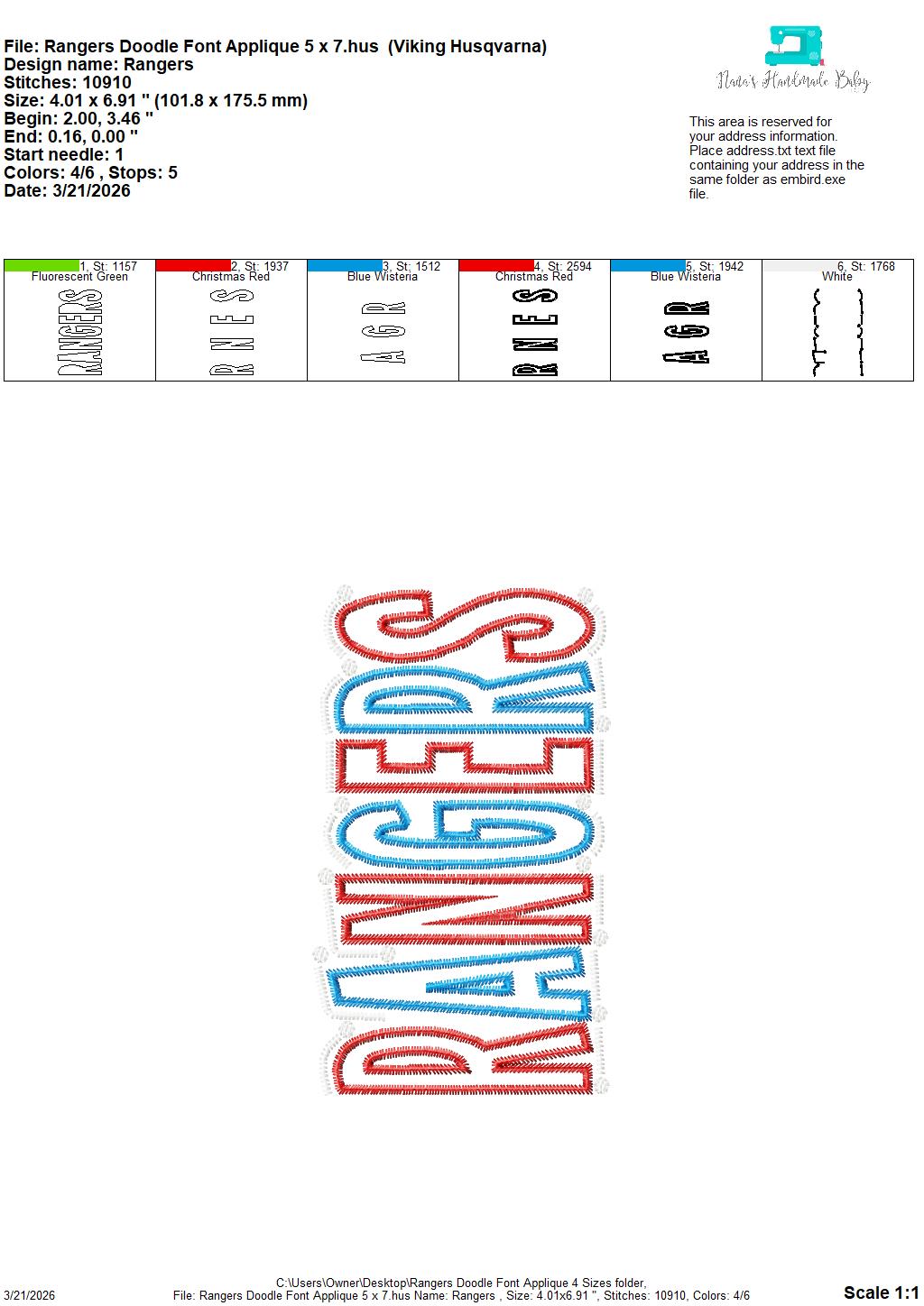 Rangers Doodle Font Applique – 4 x 4, 5 x 7, 6 x 10 and 8 x 12 – DIGITAL Embroidery Design