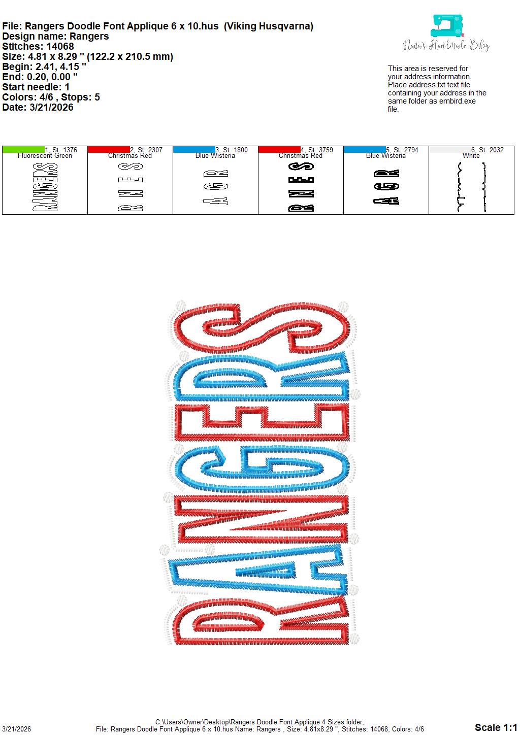 Rangers Doodle Font Applique – 4 x 4, 5 x 7, 6 x 10 and 8 x 12 – DIGITAL Embroidery Design